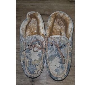 Old Friend men 13 Shearling Fur Camo Mossy Oak Slipper Shoes Moccasin Sheepskin